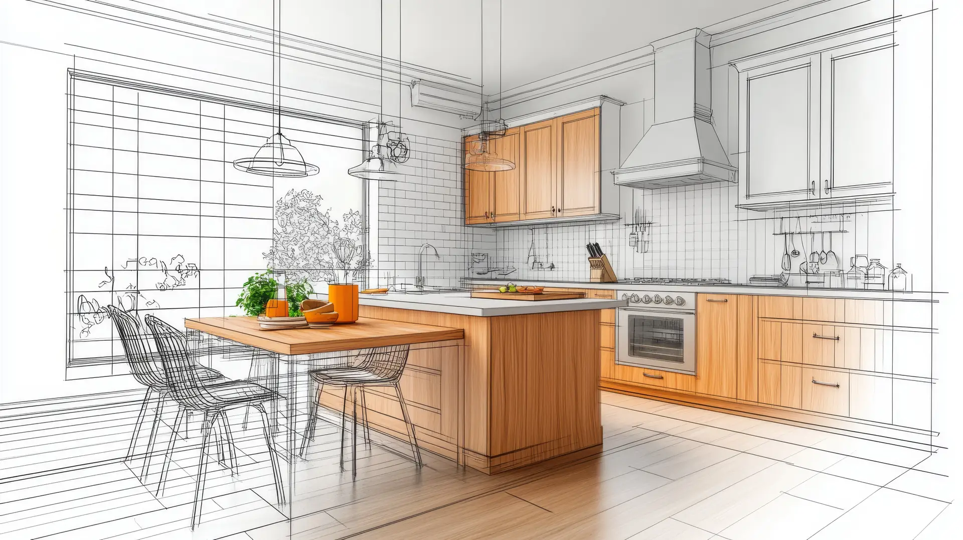 Conceptual kitchen design rendering blending sketch and realistic visualization, featuring a modern kitchen layout with warm wood cabinets, an island, and natural light through a large window